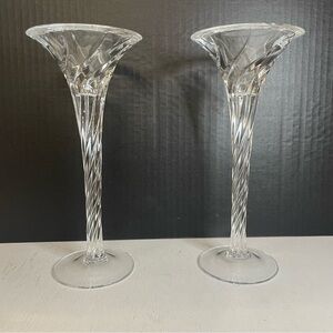 Pair Of Elegant Crystal Swirl Pillar Candleholders 10” Tall Candlesticks